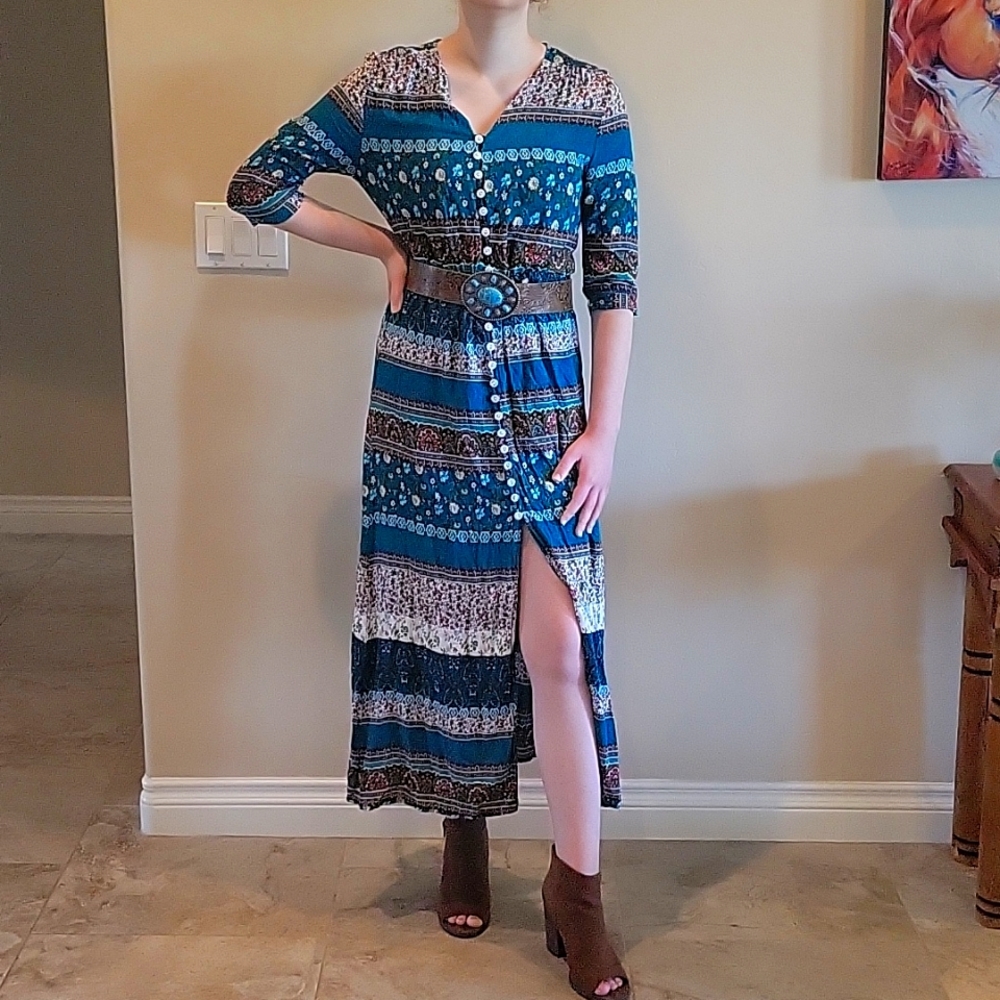 Dress maxi, draw string waist, 3/4 length sleeves, 36 inch length from.